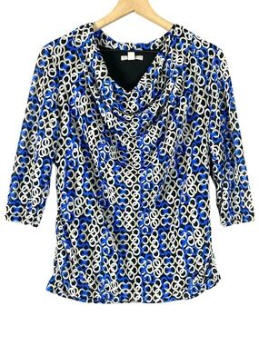 Dana Buchman Geometric Print Cowl Neck Pullover Blouse Blue & Gray Size Large